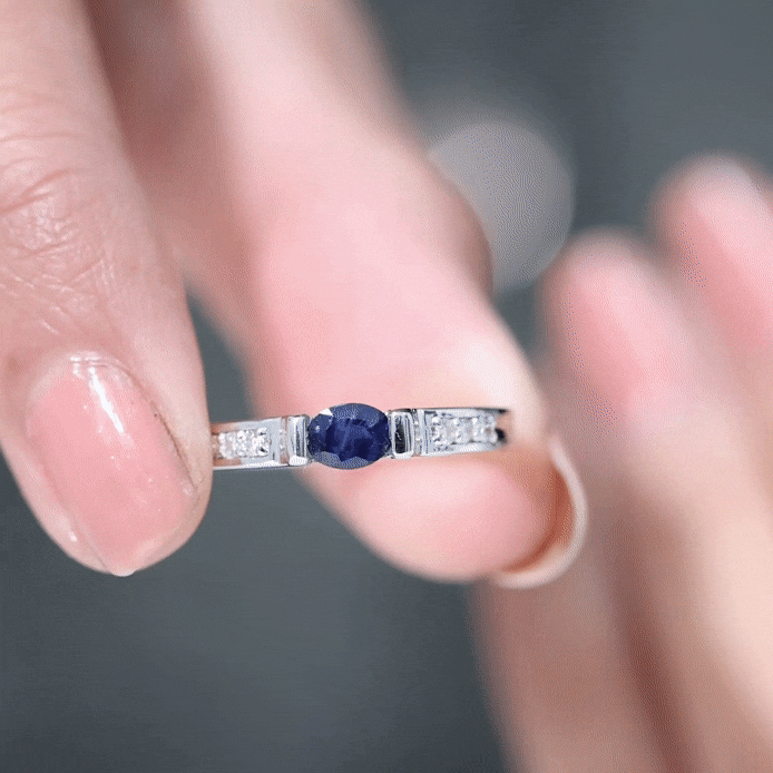 East West Style Oval Blue Sapphire Solitaire Ring with Diamond