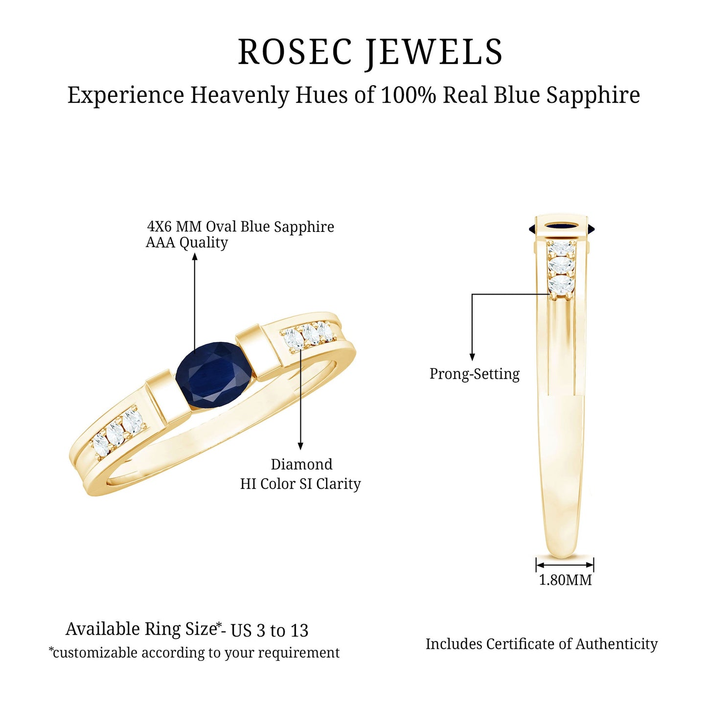 East West Style Oval Blue Sapphire Solitaire Ring with Diamond