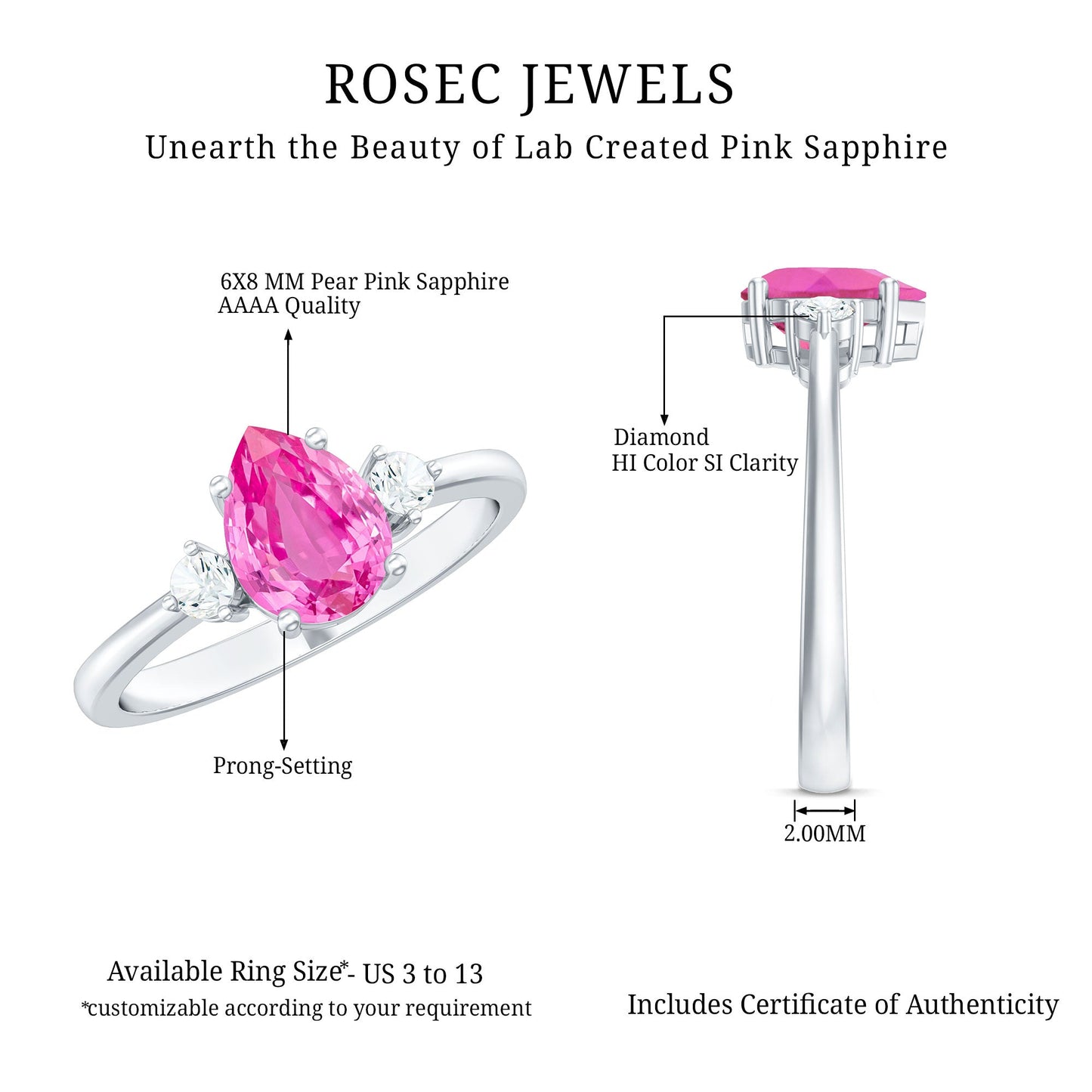 1 CT Lab Grown Pink Sapphire Teardrop Engagement Ring with Diamond