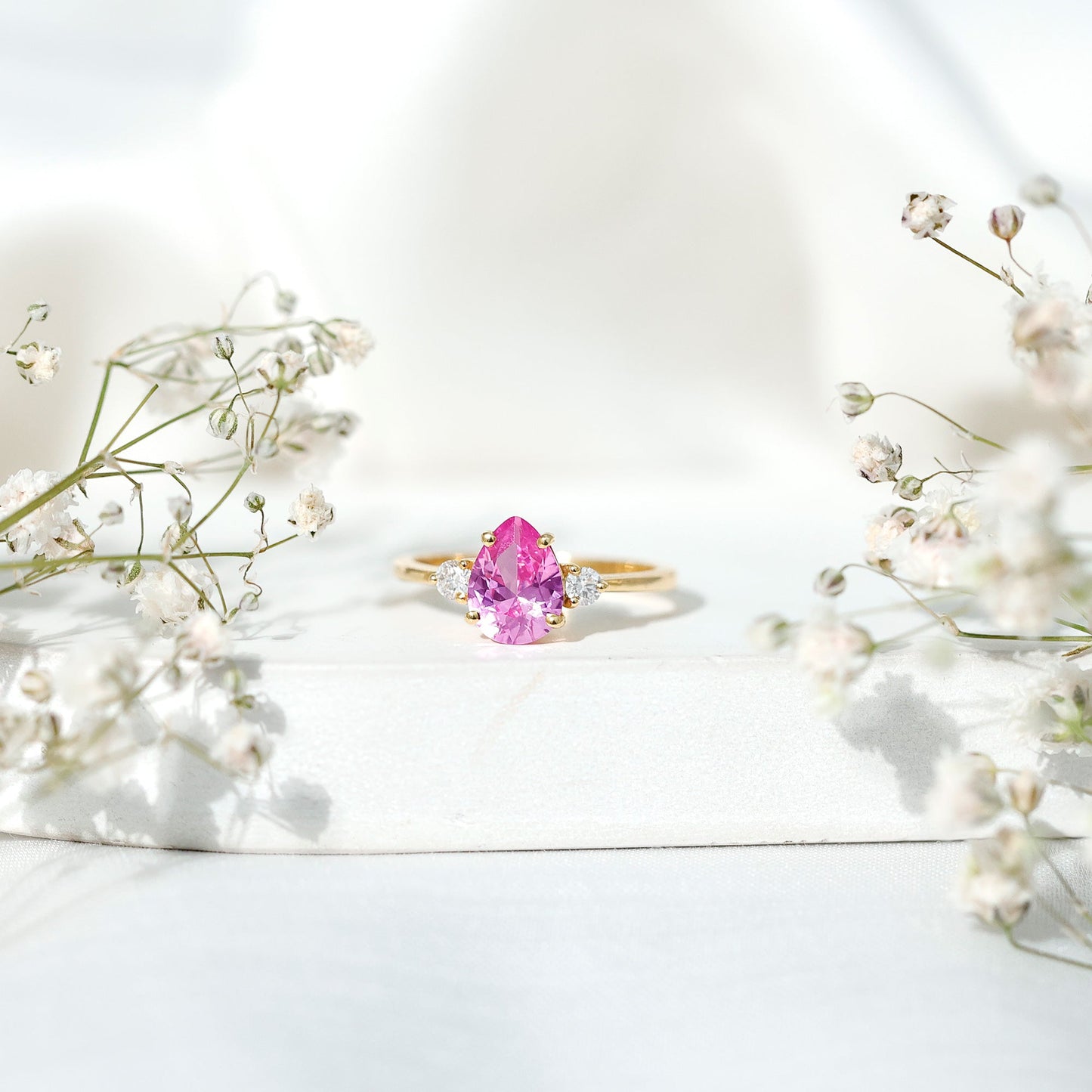 1 CT Lab Grown Pink Sapphire Teardrop Engagement Ring with Diamond