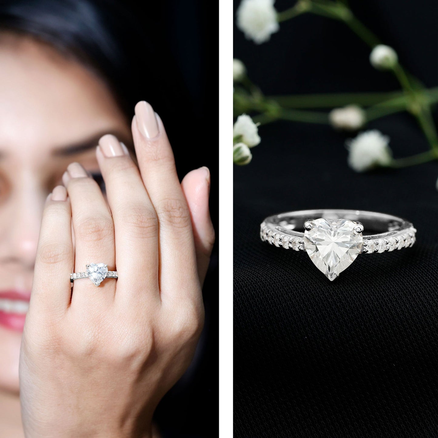 2 CT Moissanite Heart Engagement Ring With Side Stones