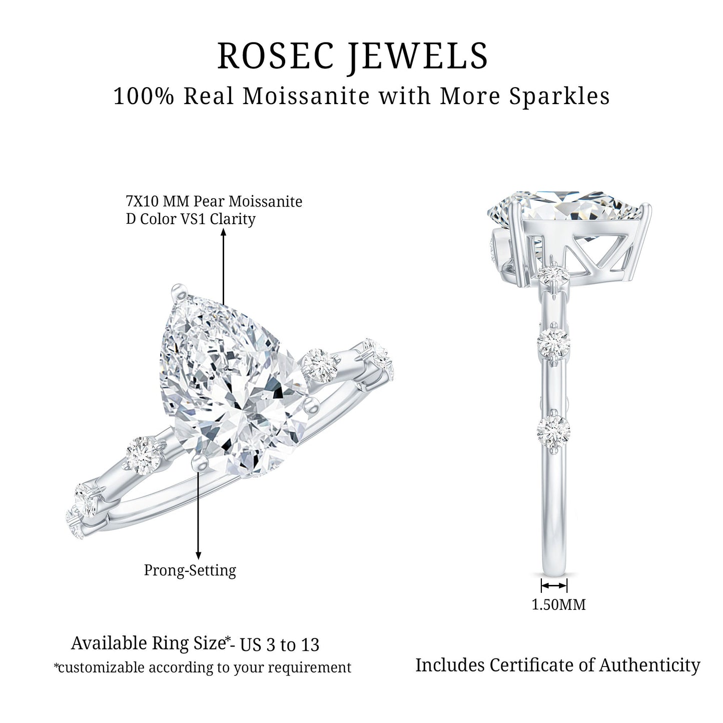 Brilliant Cut Moissanite Pear Shape Engagement Ring with Hidden Halo