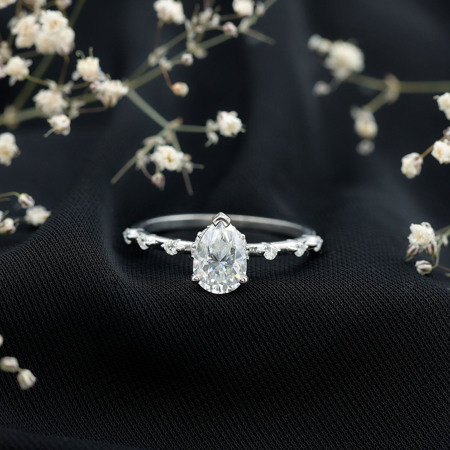 Brilliant Cut Moissanite Pear Shape Engagement Ring with Hidden Halo