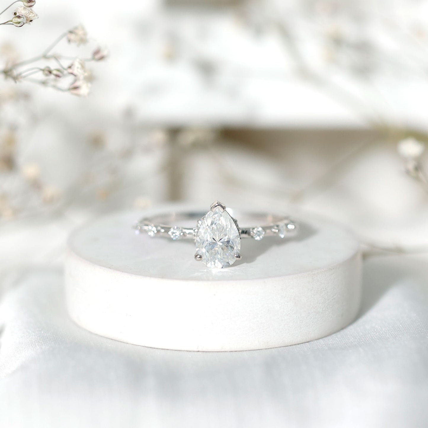 Brilliant Cut Moissanite Pear Shape Engagement Ring with Hidden Halo