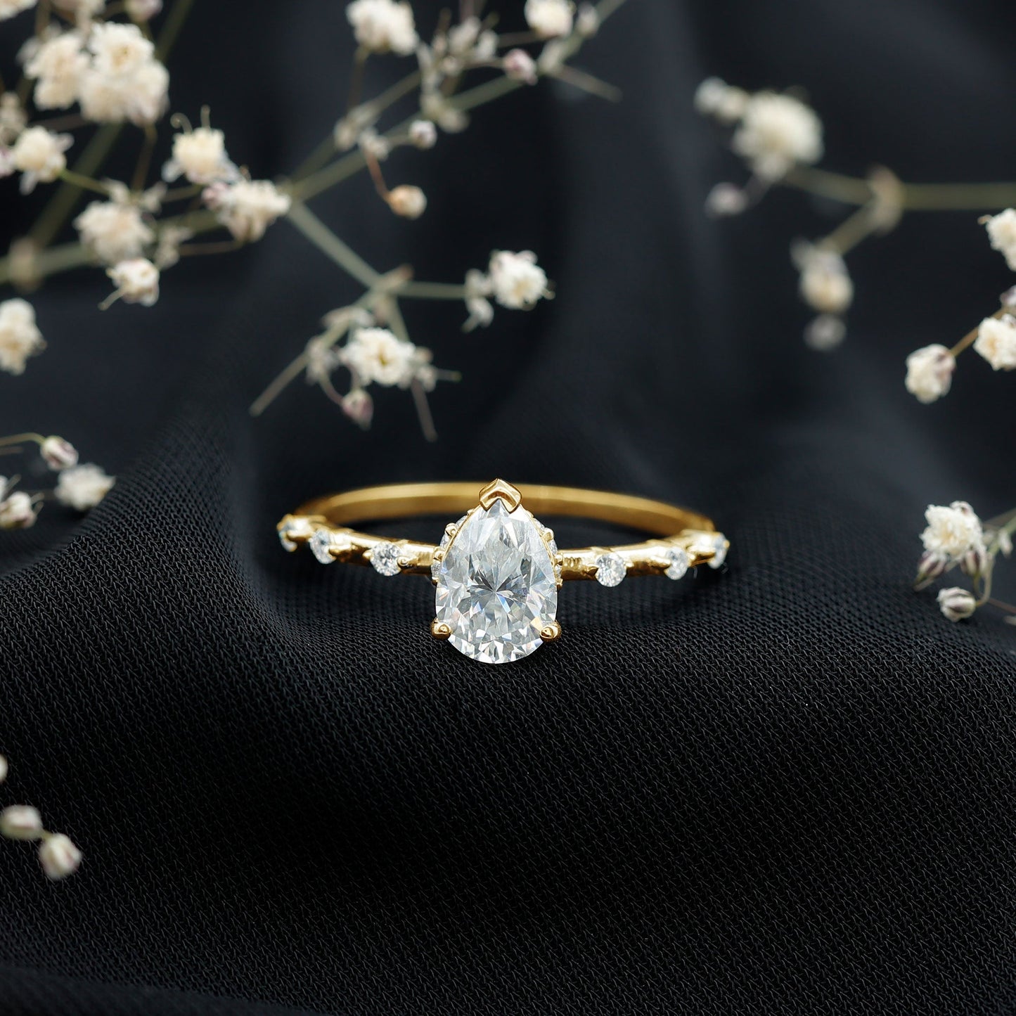 Brilliant Cut Moissanite Pear Shape Engagement Ring with Hidden Halo