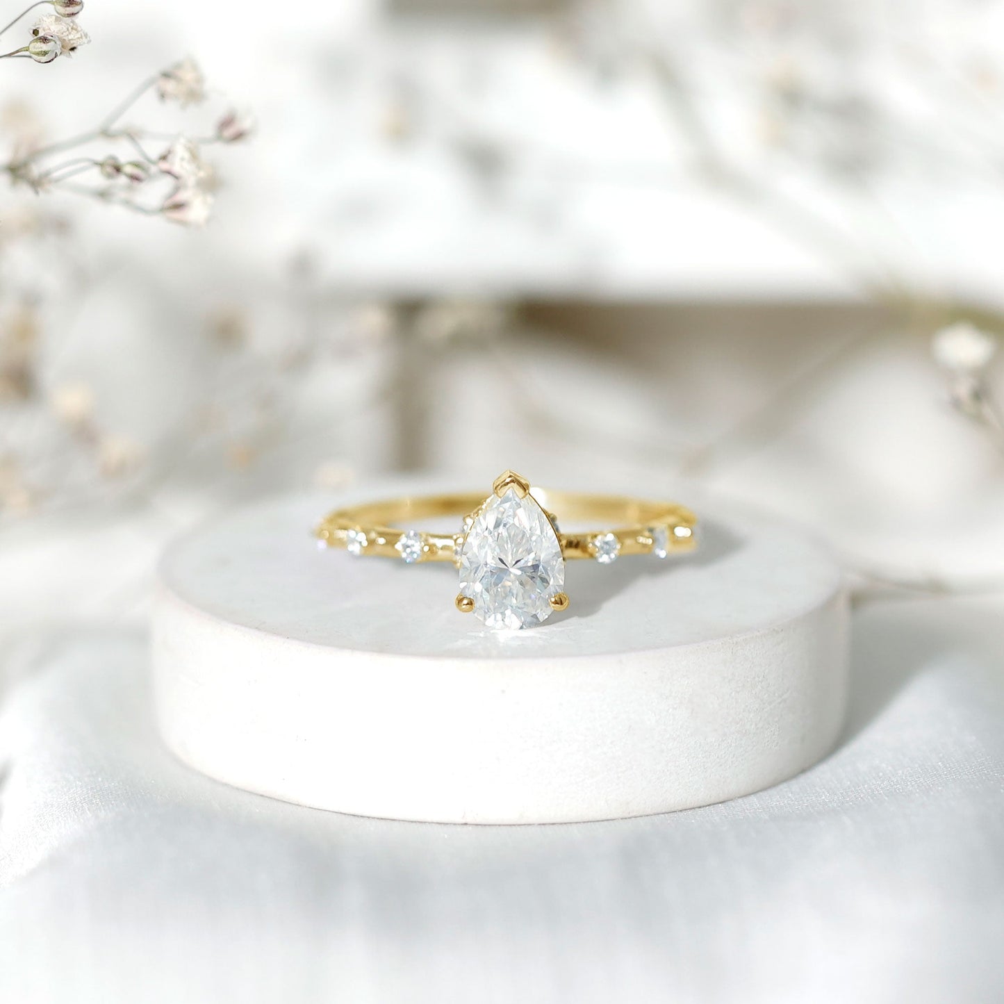 Brilliant Cut Moissanite Pear Shape Engagement Ring with Hidden Halo