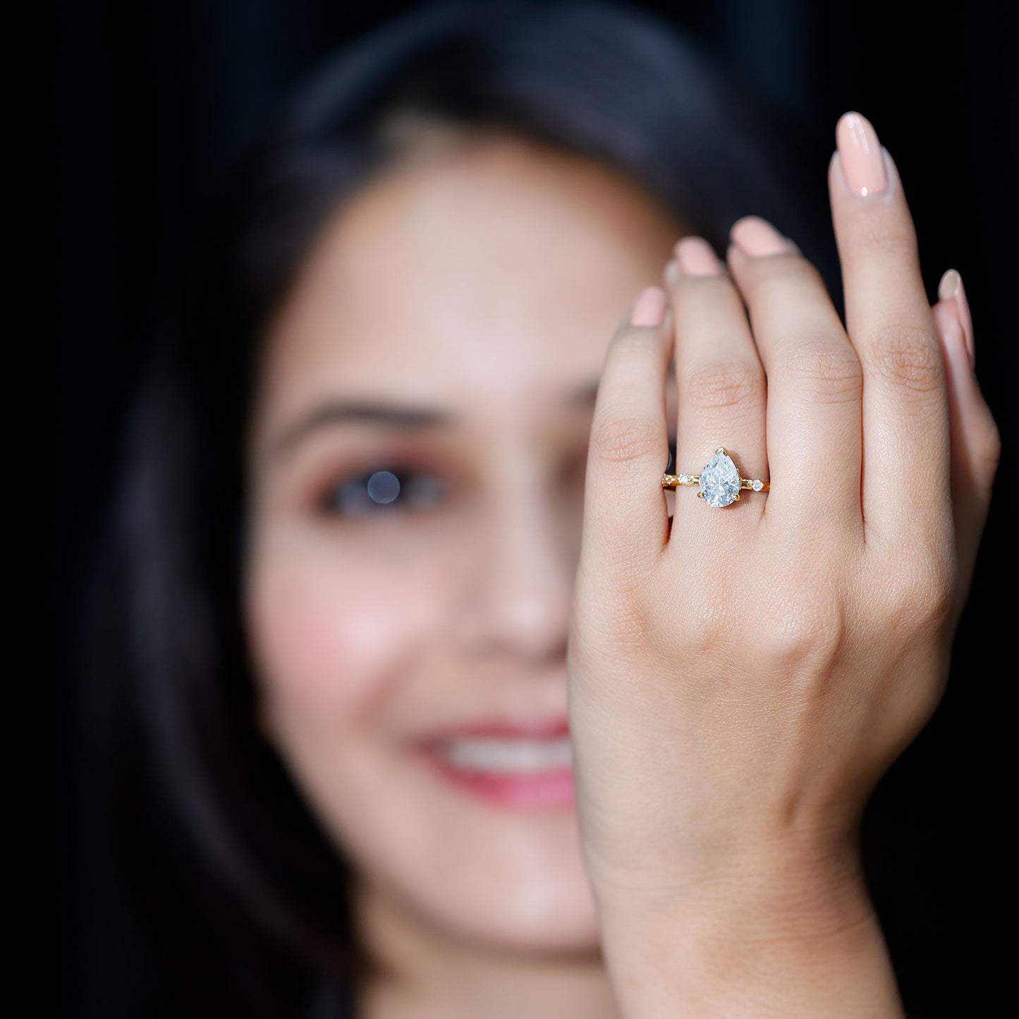 Brilliant Cut Moissanite Pear Shape Engagement Ring with Hidden Halo