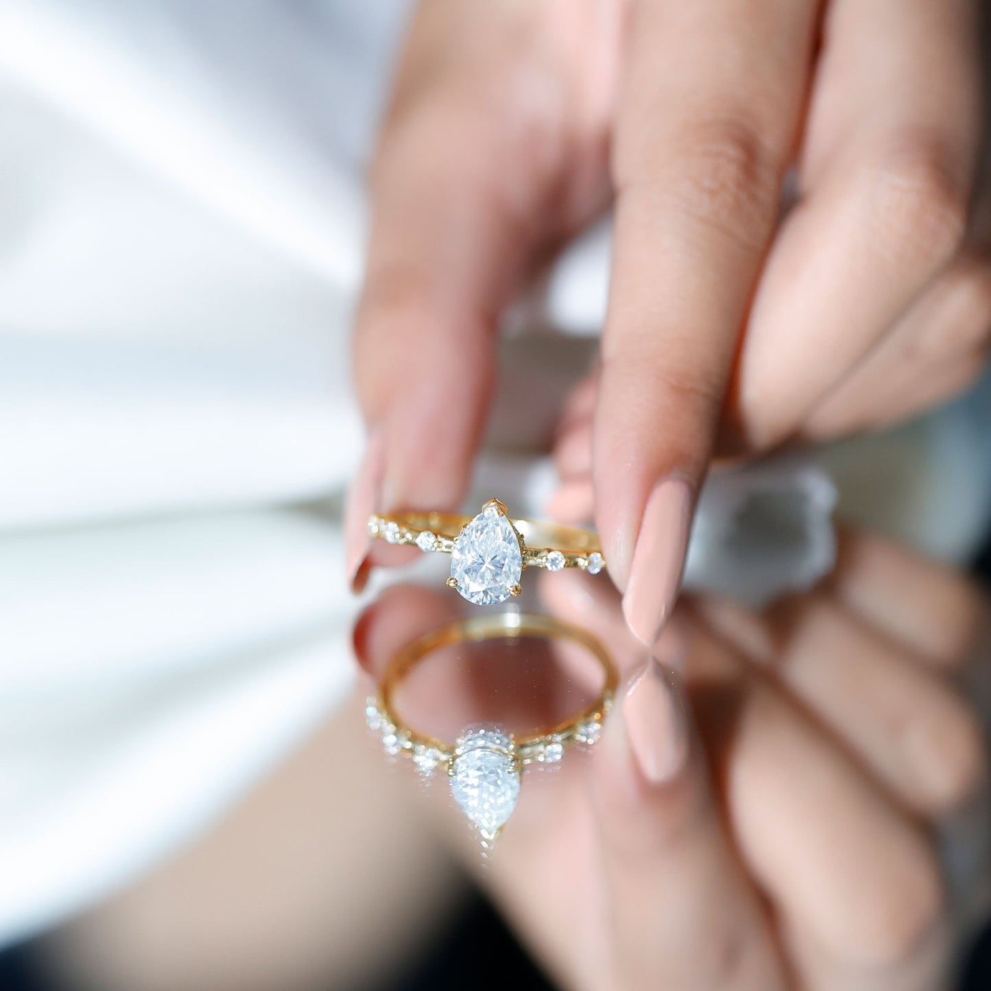 Brilliant Cut Moissanite Pear Shape Engagement Ring with Hidden Halo