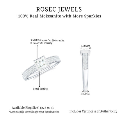 Princess Cut Moissanite Solitaire Engagement Ring in Bezel Setting