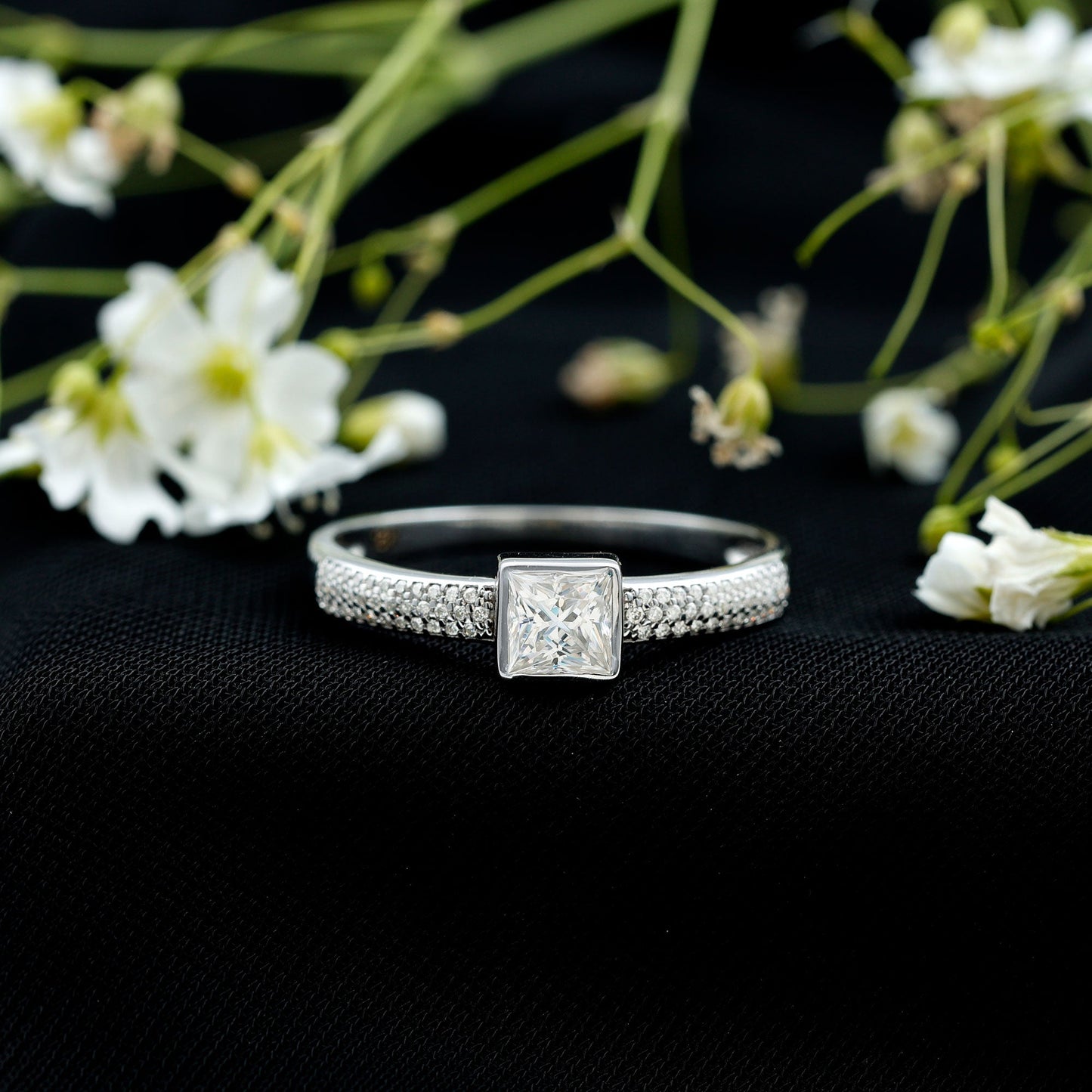 Princess Cut Moissanite Solitaire Engagement Ring in Bezel Setting