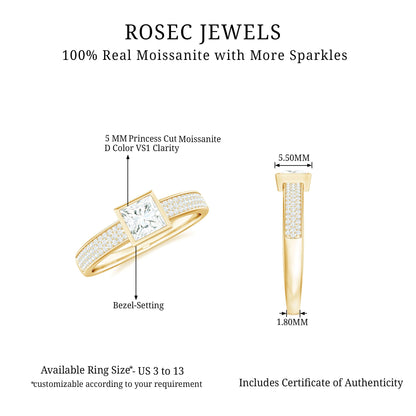 Princess Cut Moissanite Solitaire Engagement Ring in Bezel Setting