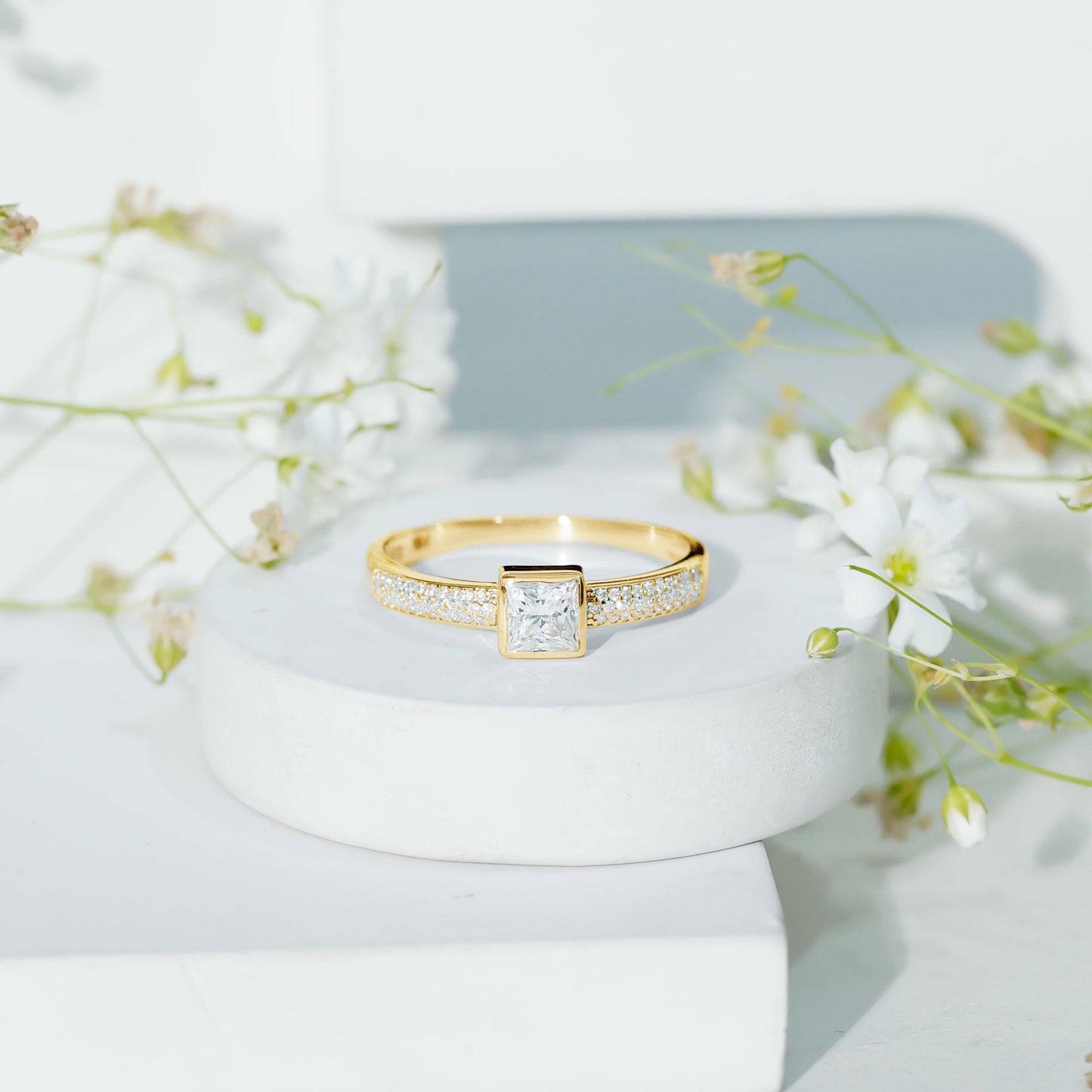 Princess Cut Moissanite Solitaire Engagement Ring in Bezel Setting