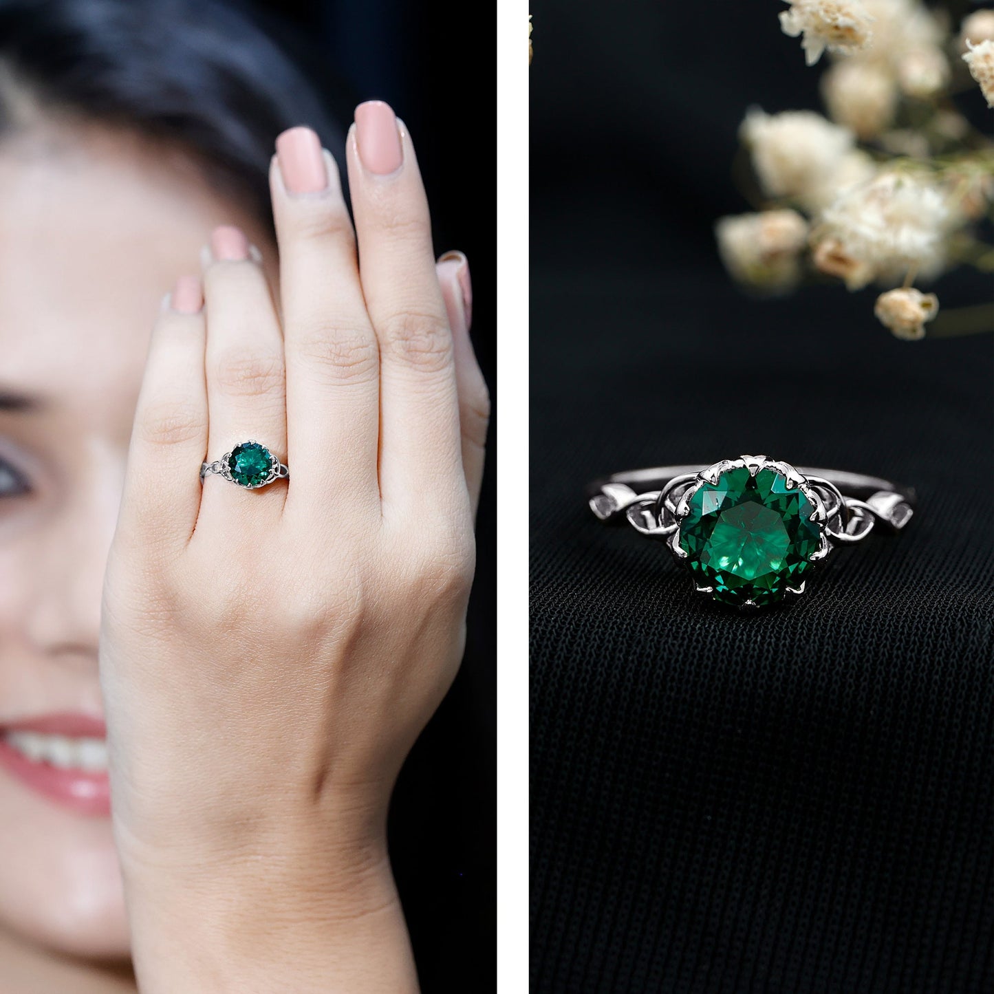 Lotus Basket Set Lab Grown Emerald Knot Engagement Ring