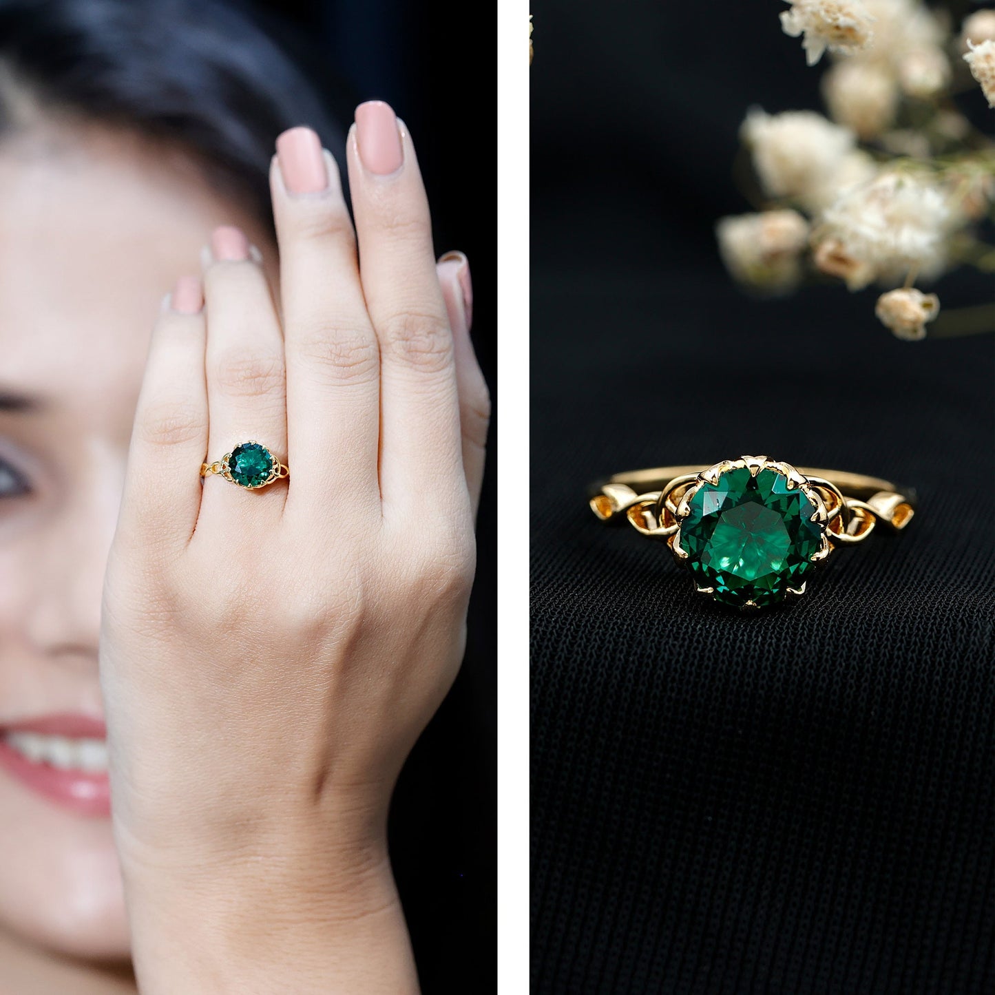 Lotus Basket Set Lab Grown Emerald Knot Engagement Ring