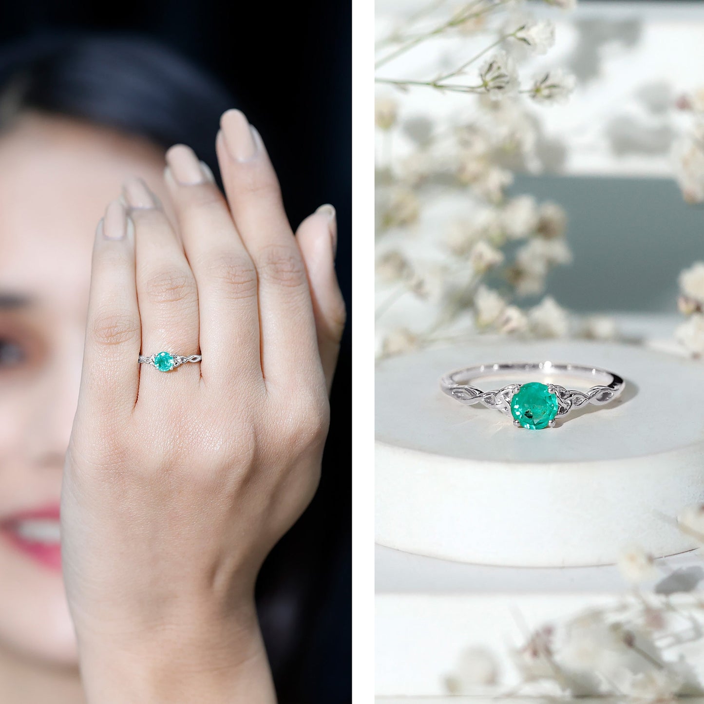 Solitaire Round Emerald Promise Ring with Celtic Band