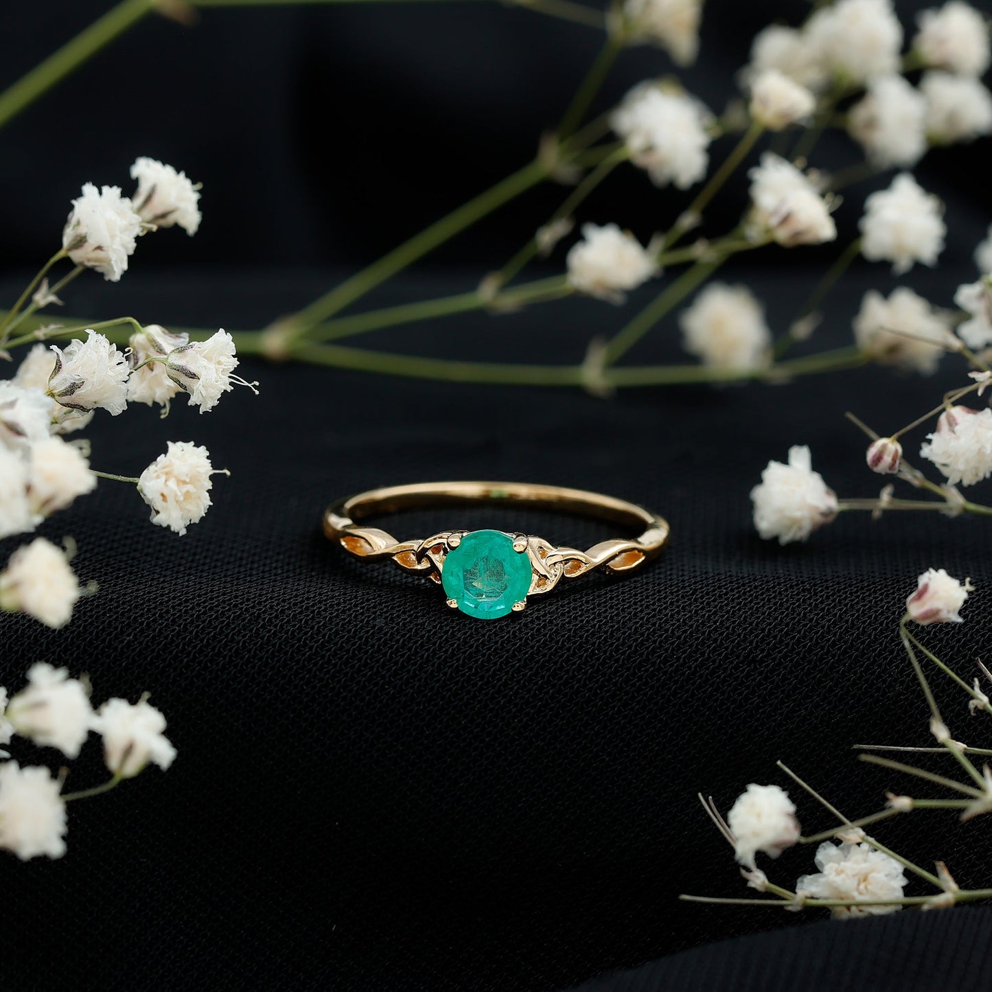 Solitaire Round Emerald Promise Ring with Celtic Band