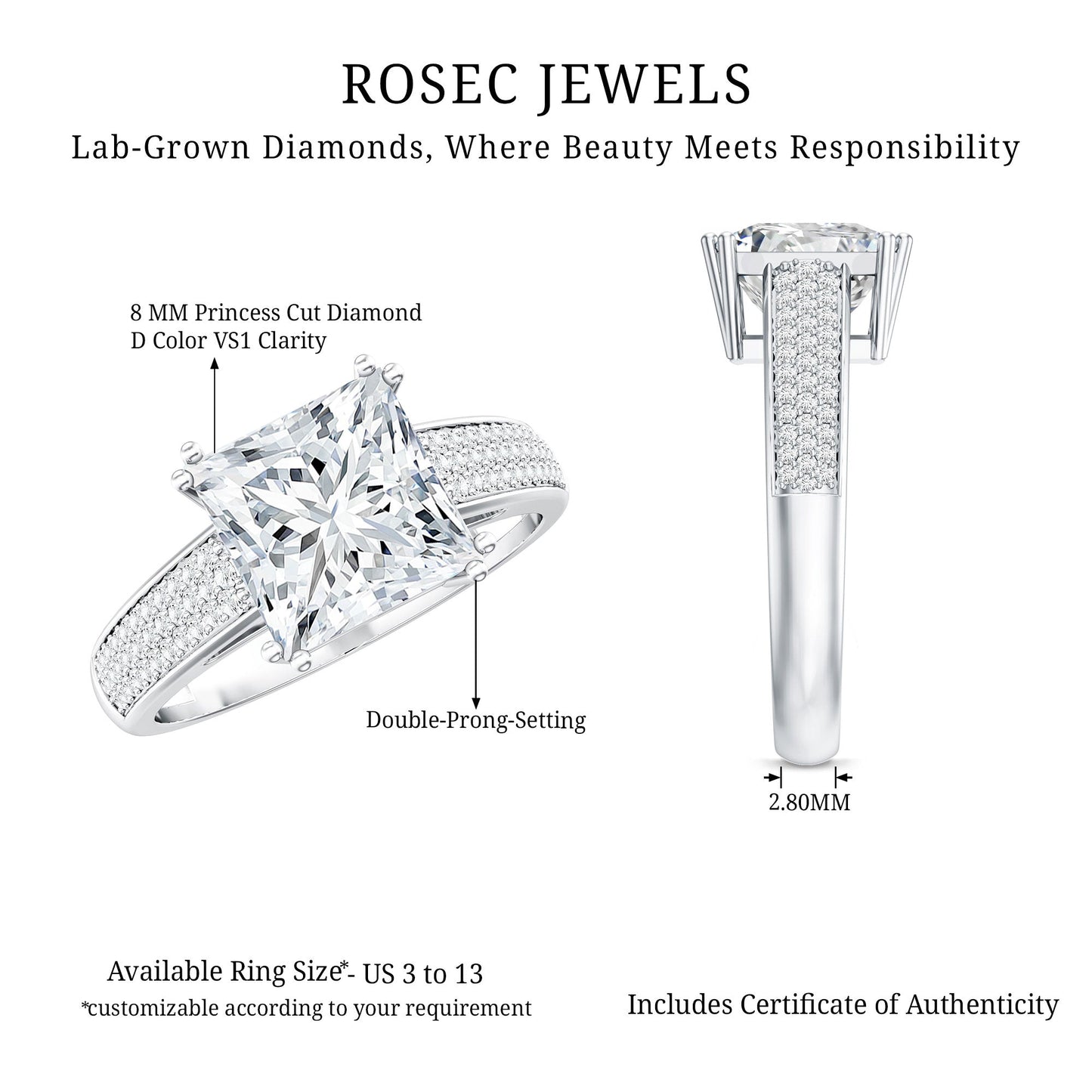 3 Carat Princess Cut Moissanite Side Stone Engagement Ring