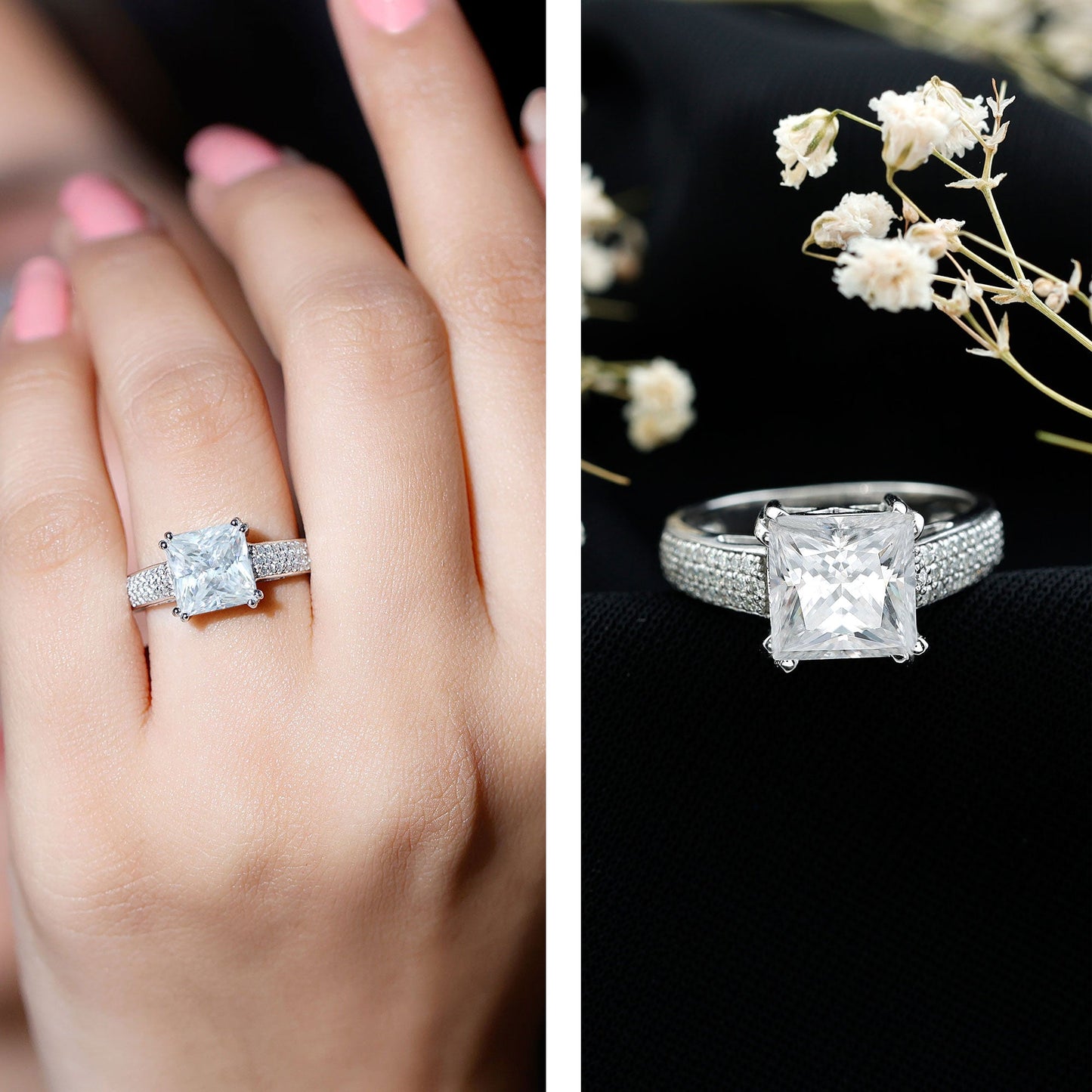 3 Carat Princess Cut Moissanite Side Stone Engagement Ring