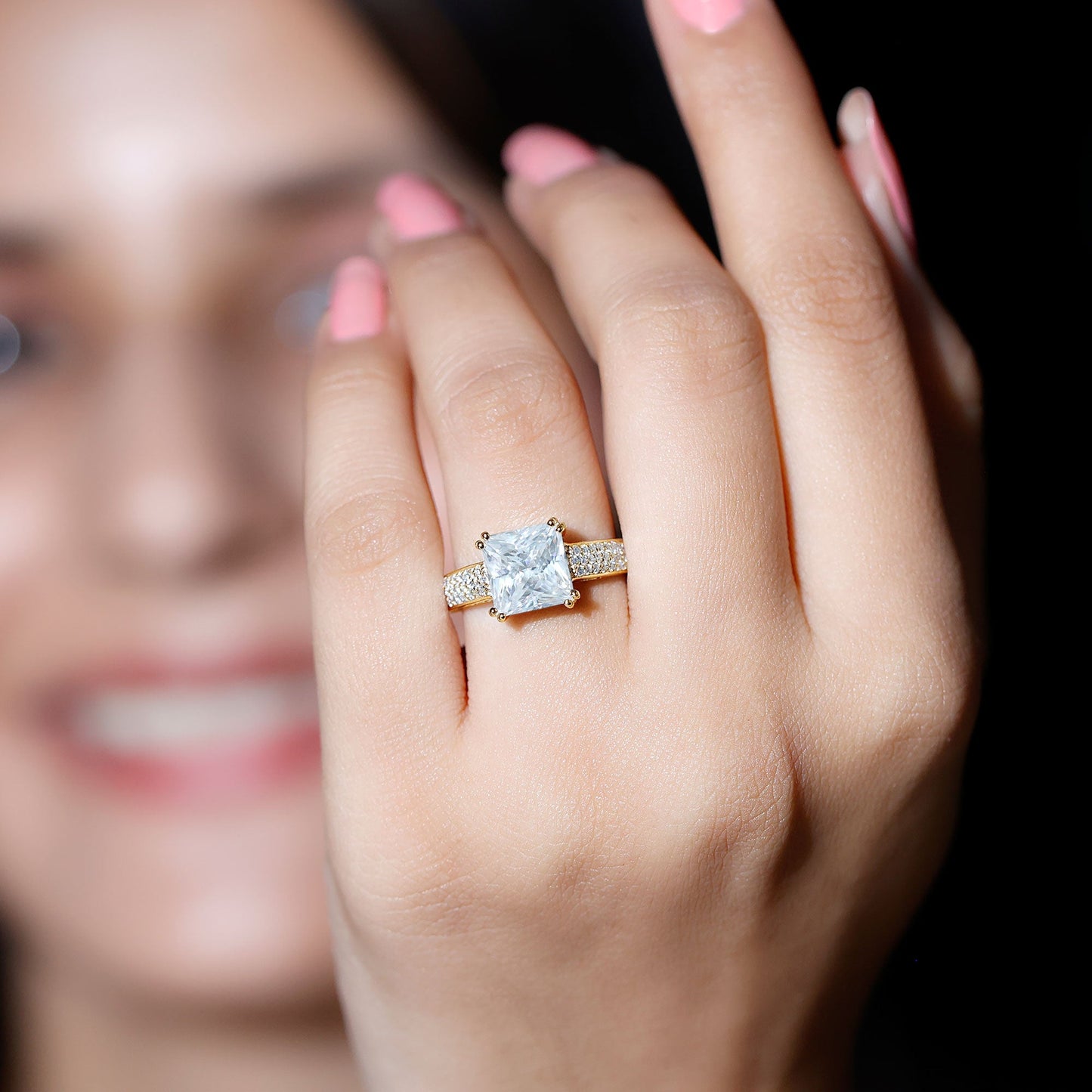 3 Carat Princess Cut Moissanite Side Stone Engagement Ring