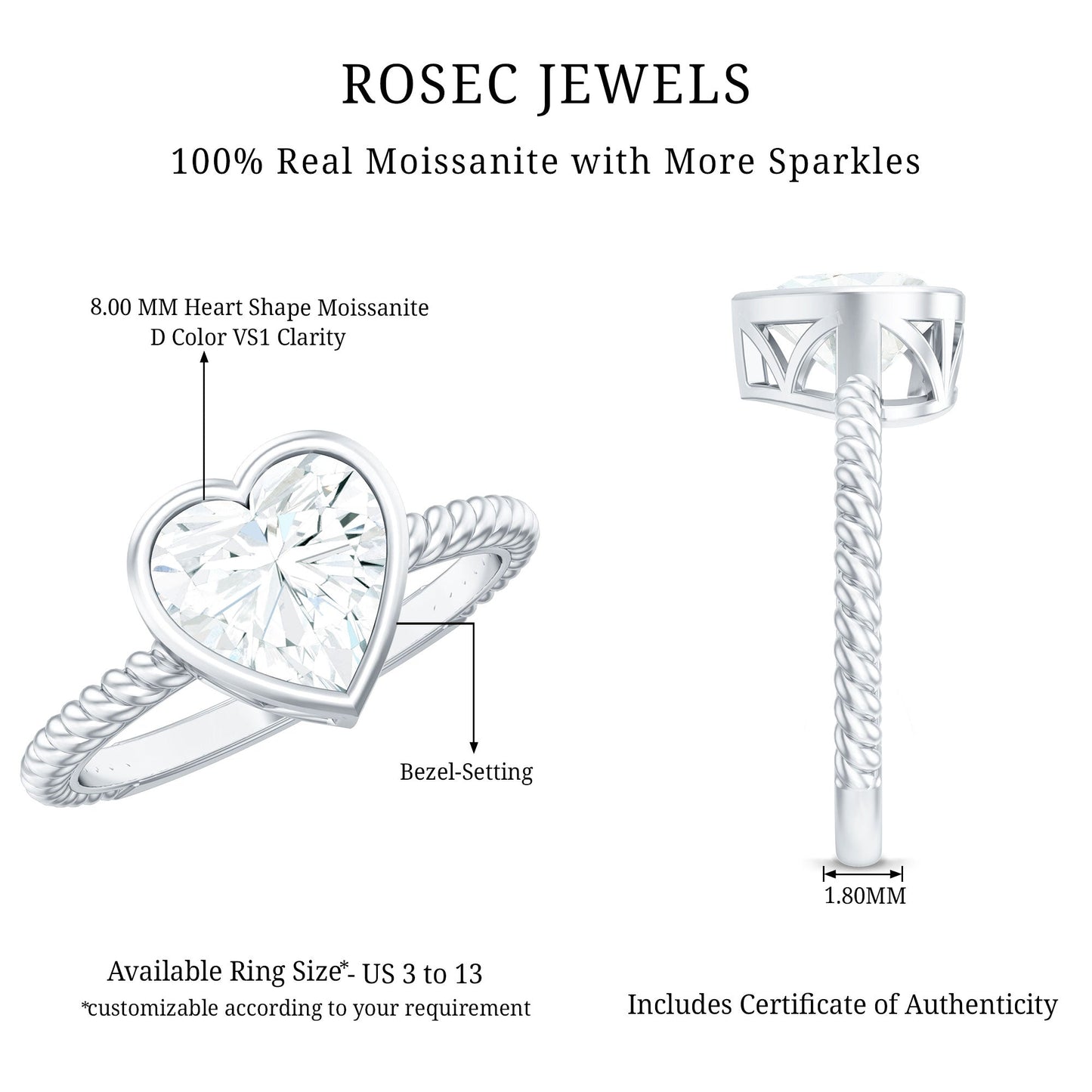 Bezel Set Moissanite Heart Engagement Ring with Twisted Rope Band