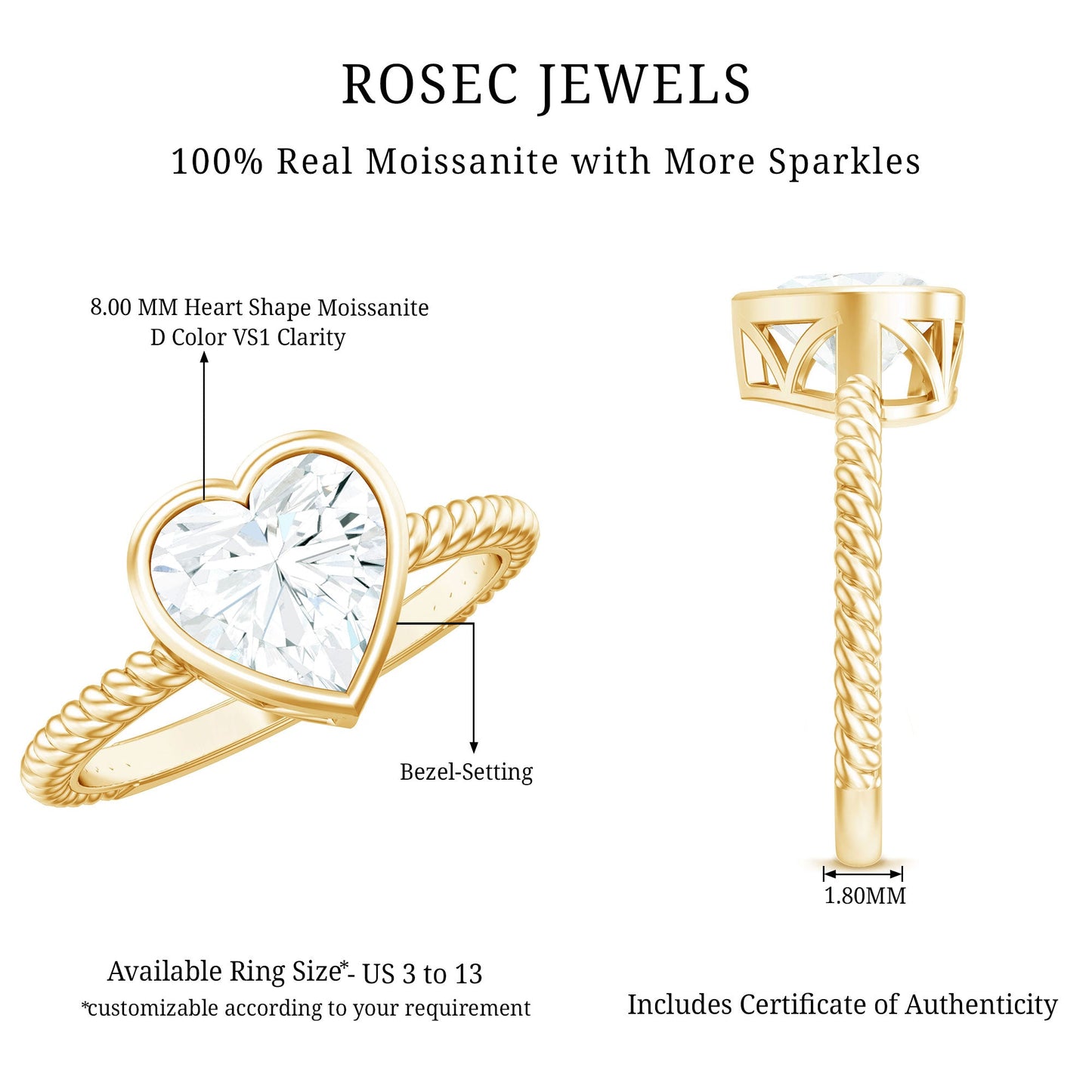 Bezel Set Moissanite Heart Engagement Ring with Twisted Rope Band