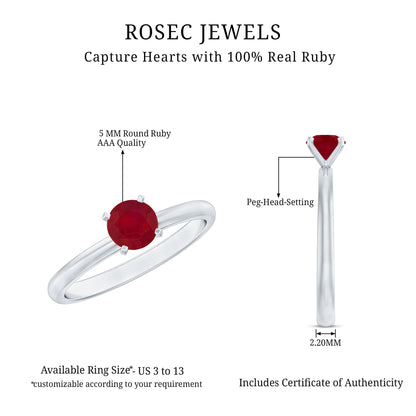 0.6 Carat July Birthstone Ruby Solitaire Ring in Peg Head Setting
