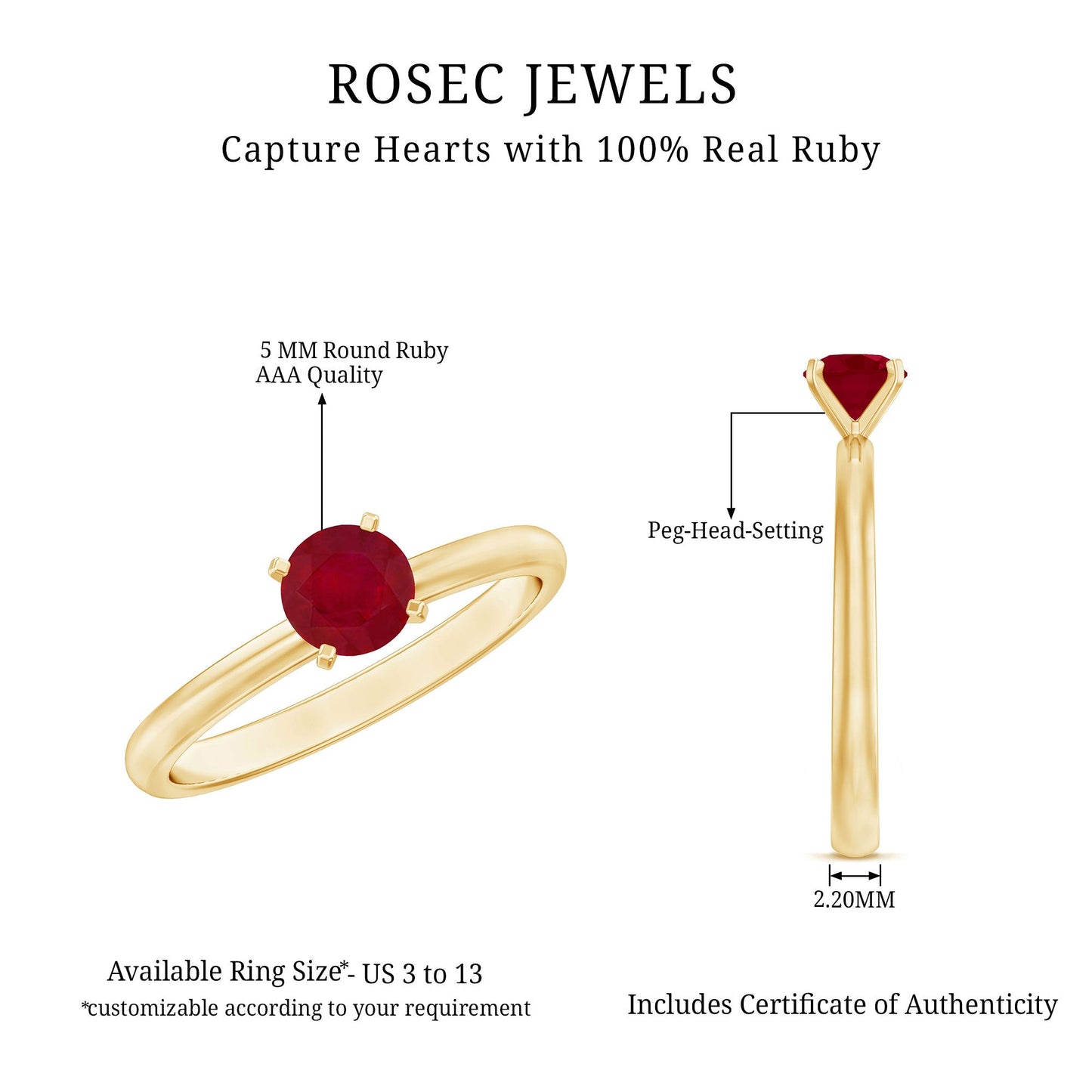 0.6 Carat July Birthstone Ruby Solitaire Ring in Peg Head Setting