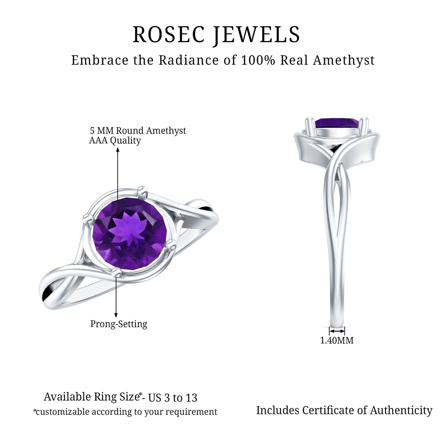 Real February Birthstone Amethyst Promise Ring with Crossover Shank