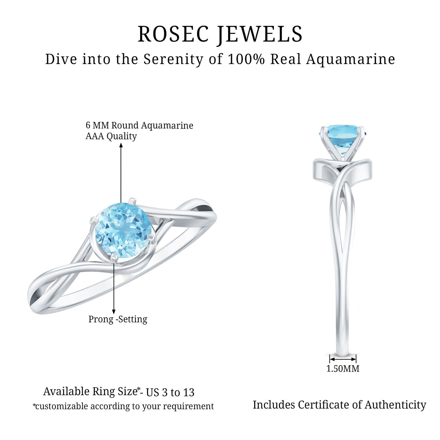 Solitaire Aquamarine Birthstone Ring with Crossover Shank