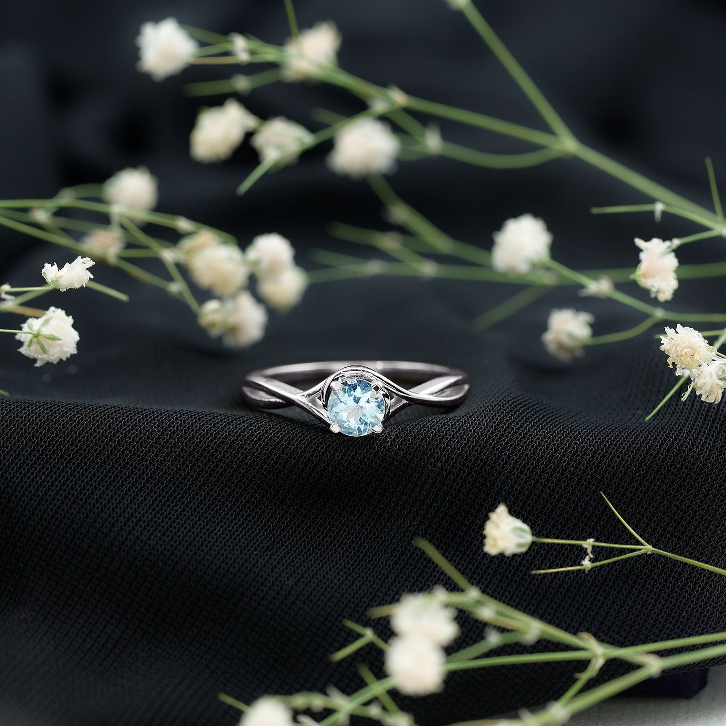 Solitaire Aquamarine Birthstone Ring with Crossover Shank