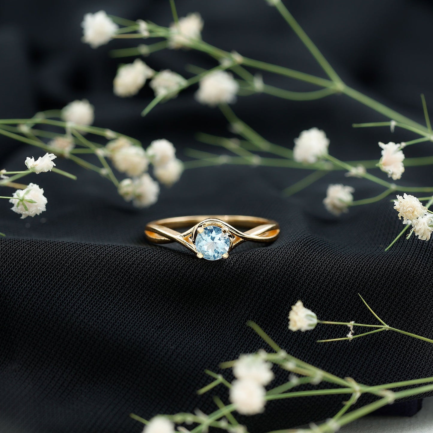Solitaire Aquamarine Birthstone Ring with Crossover Shank