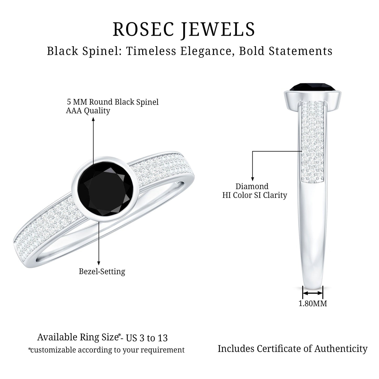 Natural Black Spinel Bezel Set Engagement Ring with Diamond Side Stones