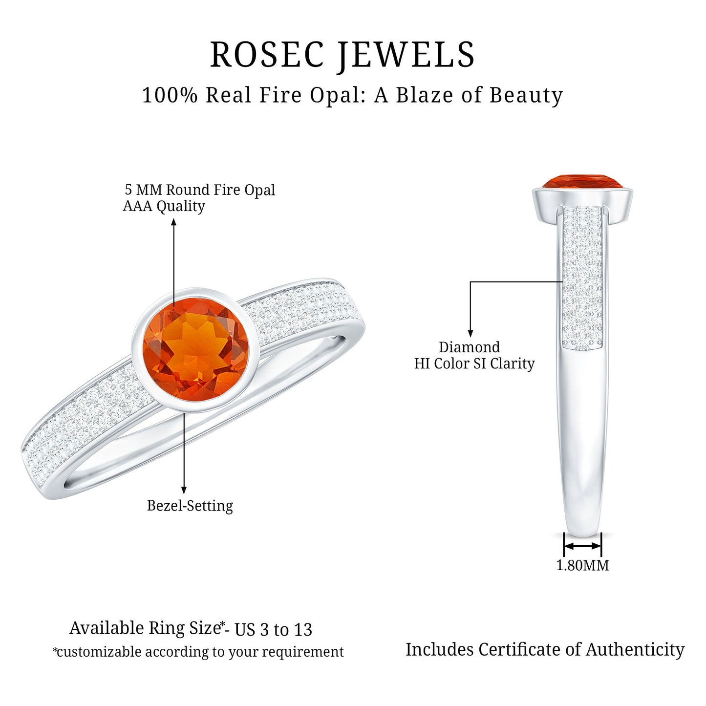0.4 Carat Round Shape Fire Opal Engagement Ring with Diamond