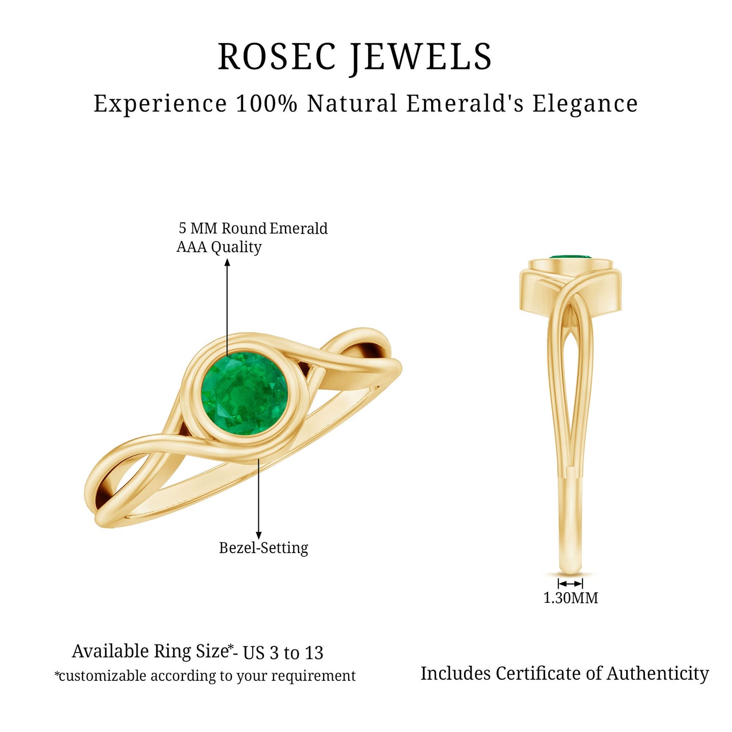 Round Cut Emerald Solitaire Ring with Crossover Band