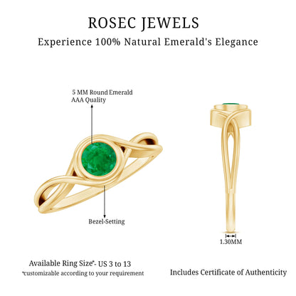 Round Cut Emerald Solitaire Ring with Crossover Band