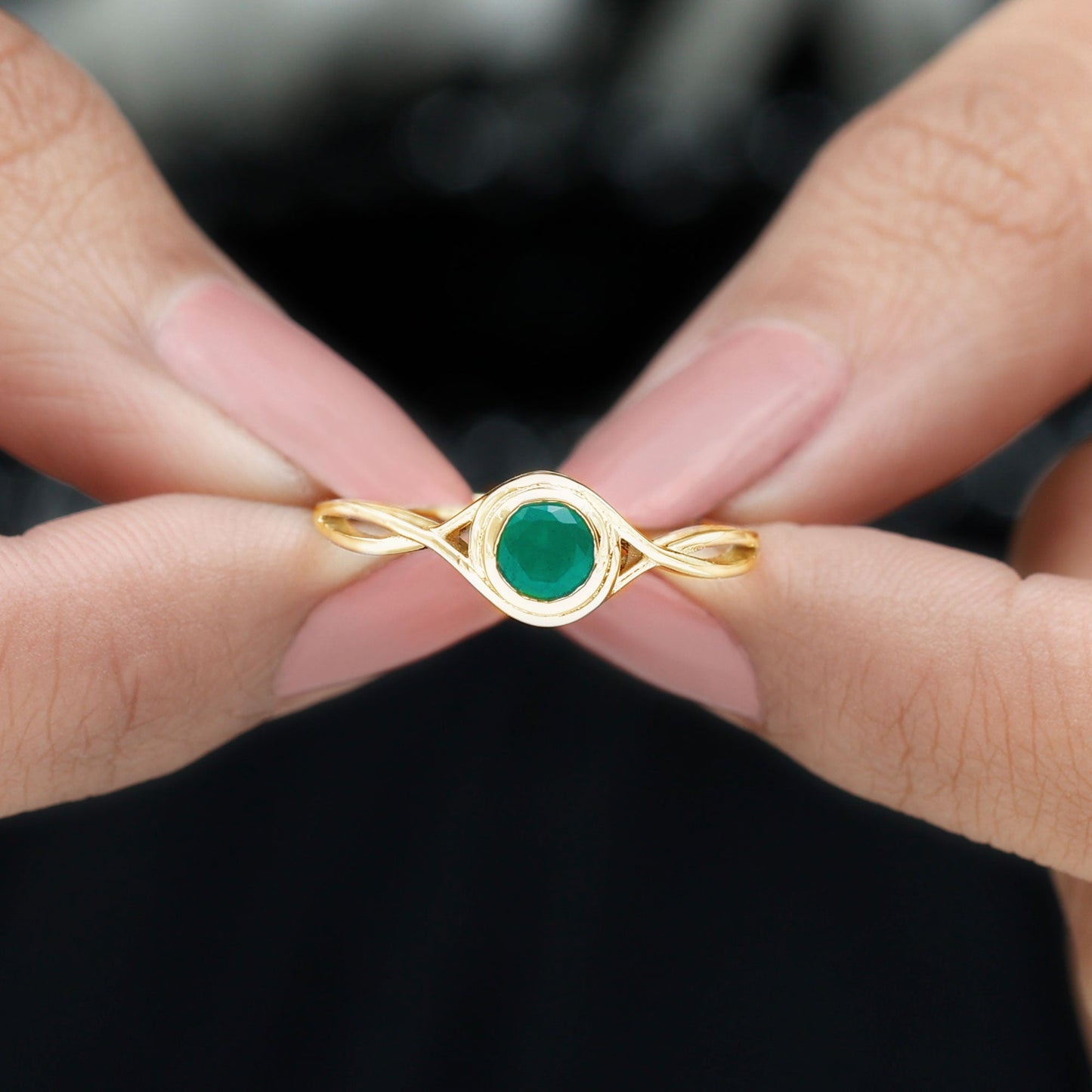 Round Cut Emerald Solitaire Ring with Crossover Band