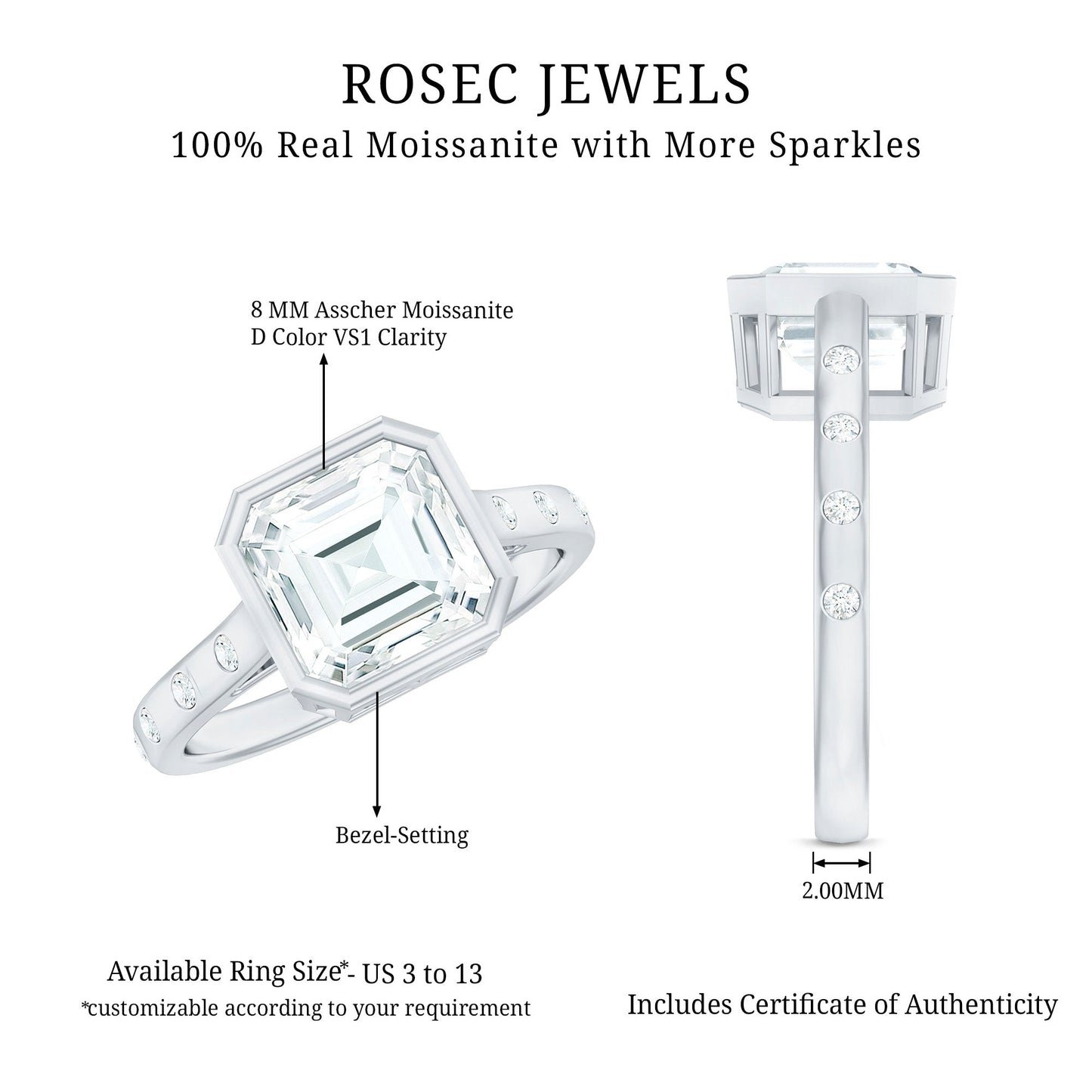 Solitaire Moissanite Asscher Cut Engagement Ring in Bezel Setting