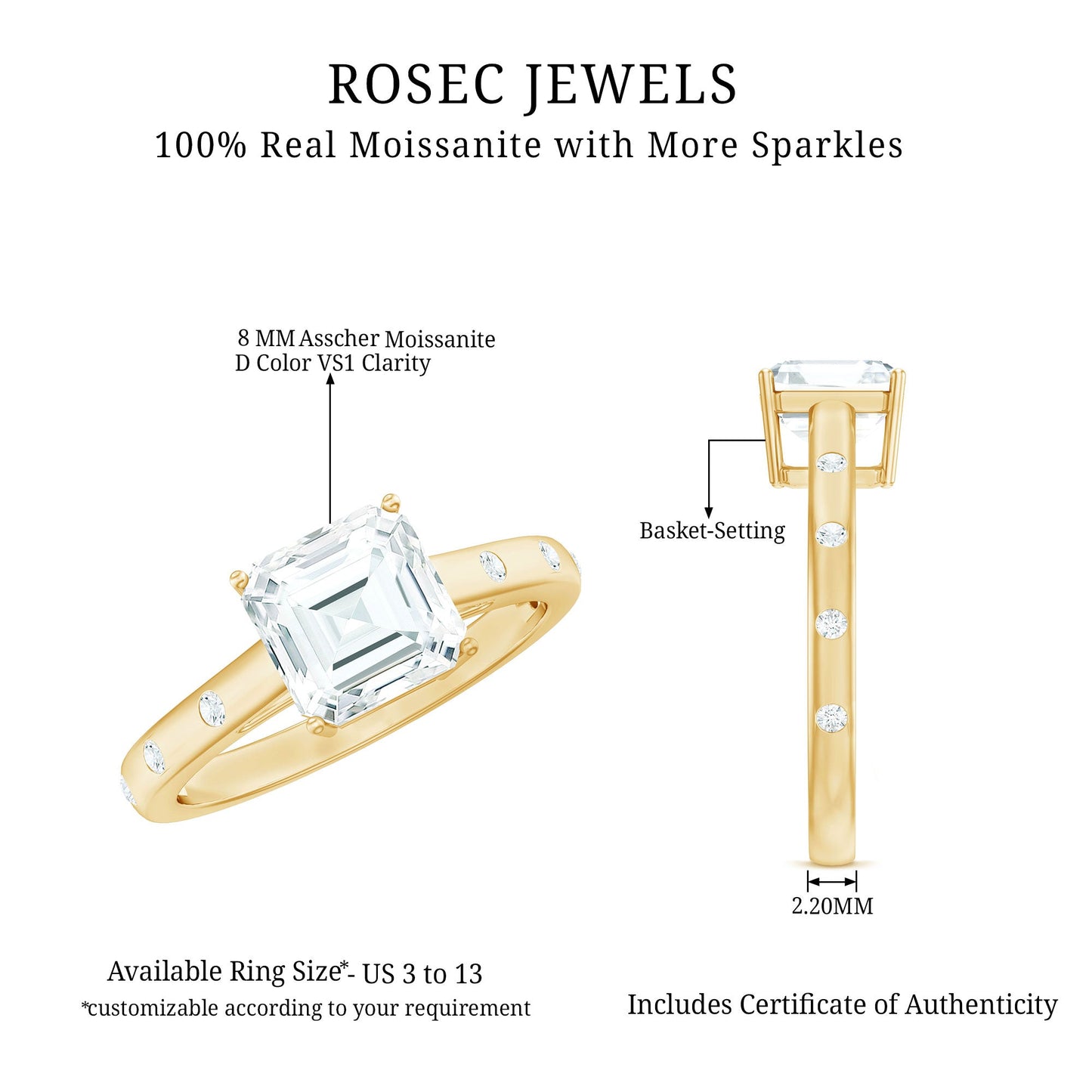 Asscher Cut Moissanite Solitaire Engagement Ring with Certificate