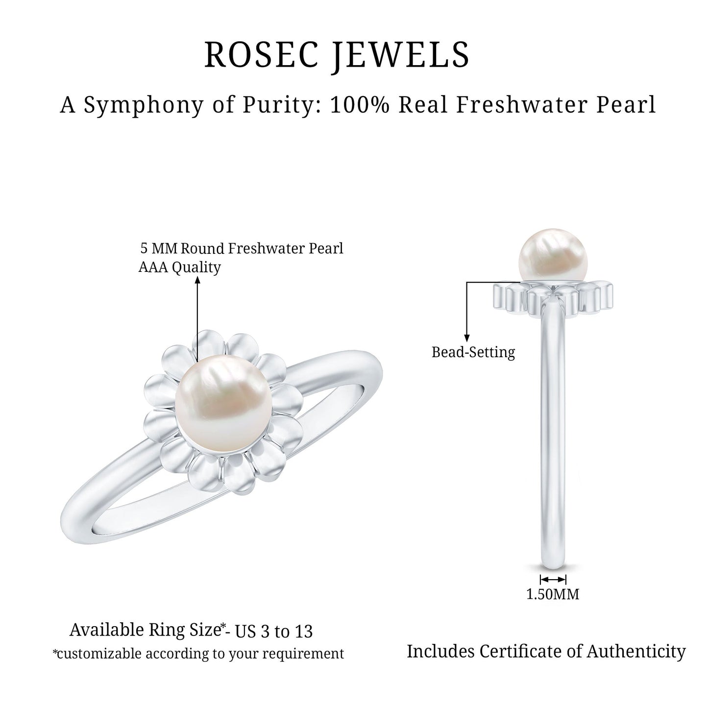 2 Carat Solitaire Freshwater Cultured Pearl Flower Ring