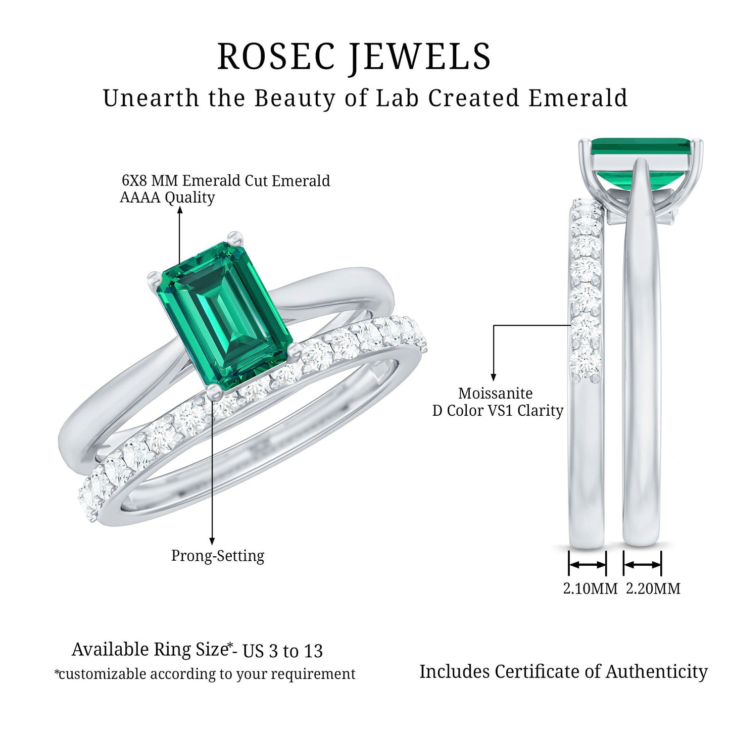 Certified 1.6 Carat Lab Grown Emerald Engagement Ring with Ring Guard