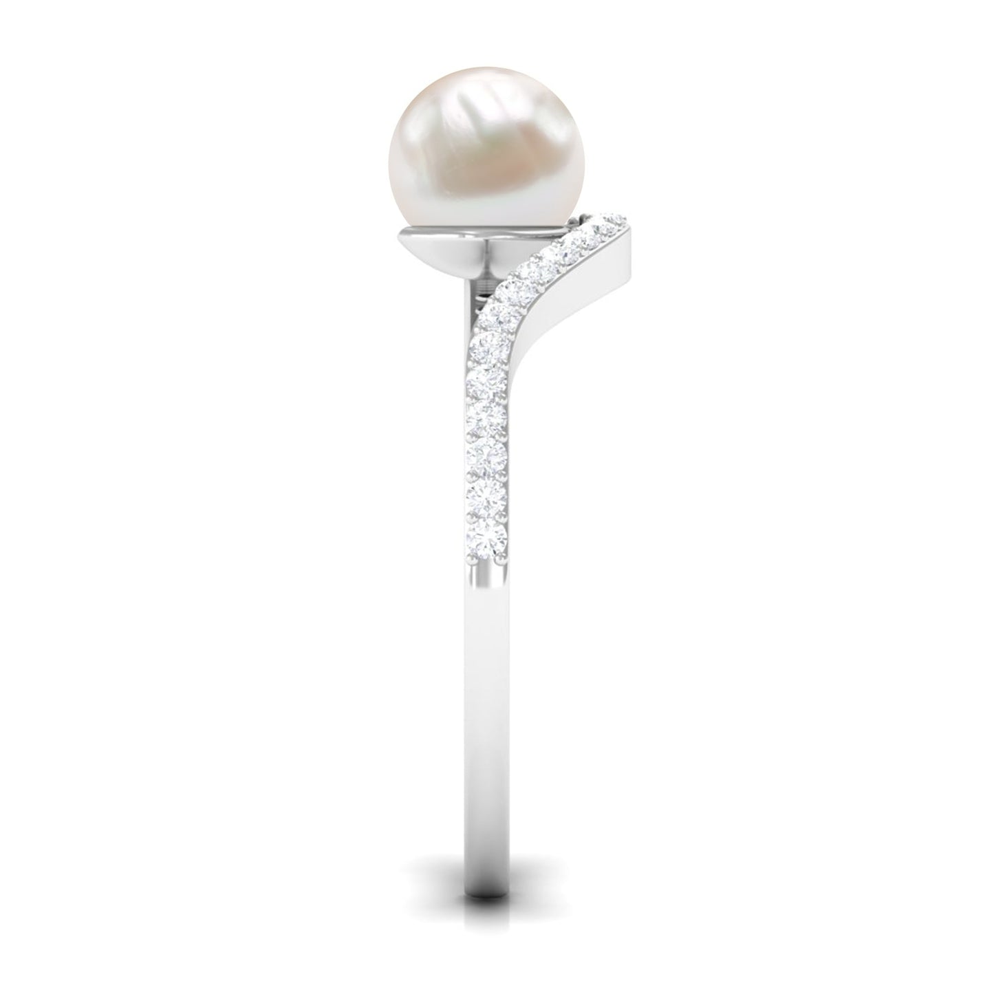 Cultured 2.2 Carat White Pearl Engagement Ring with Diamond Bypass Shank