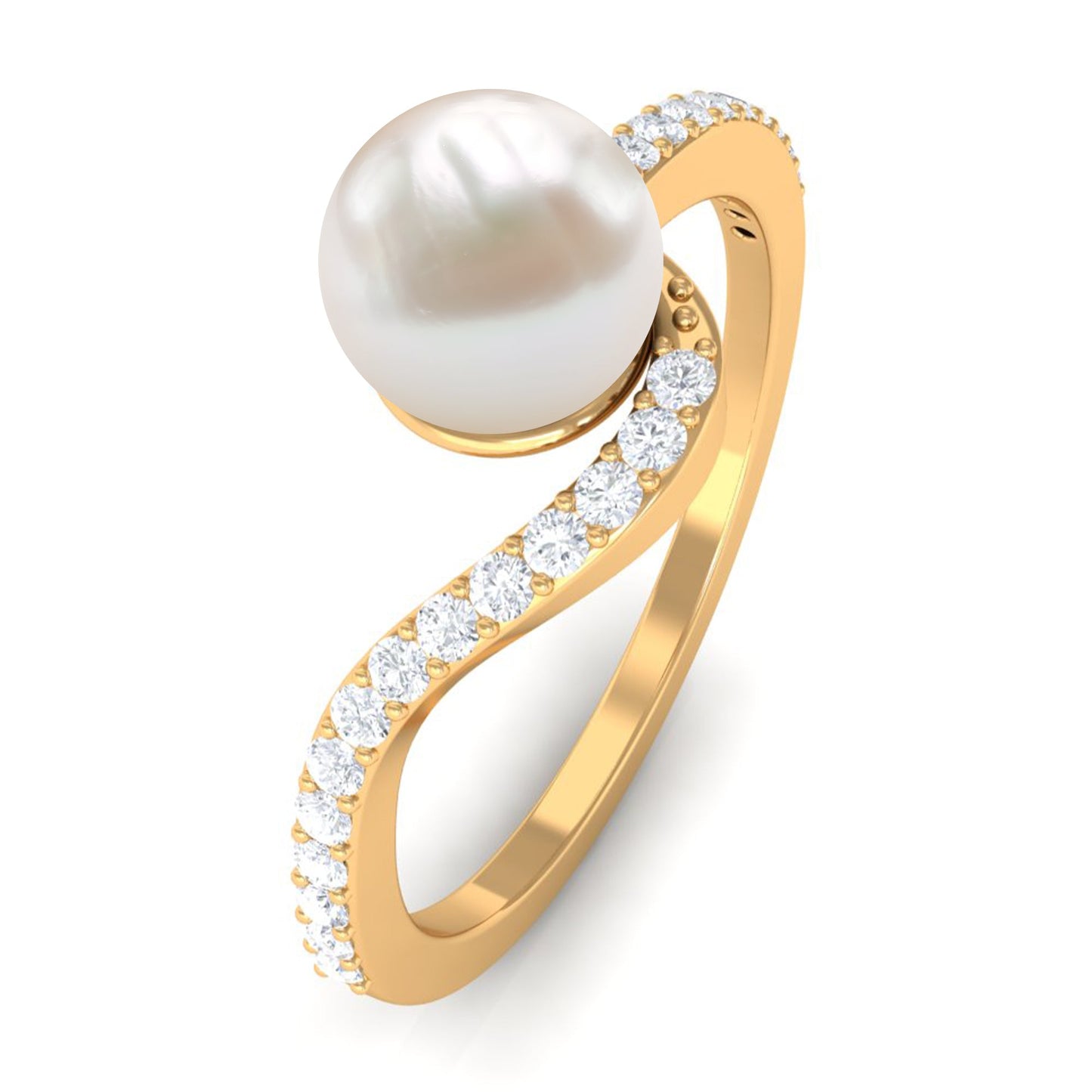 Cultured 2.2 Carat White Pearl Engagement Ring with Diamond Bypass Shank