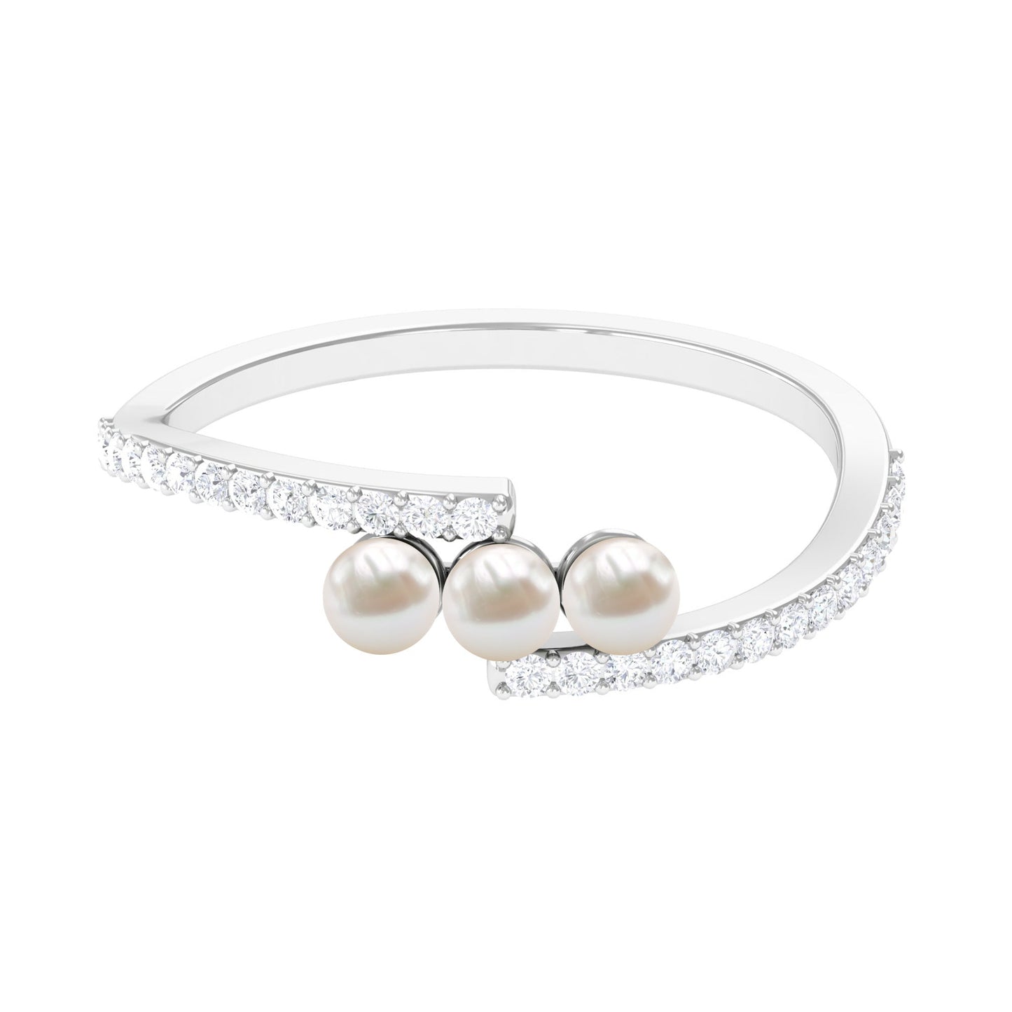 Natural Freshwater Pearl 3 Stone Engagement Ring with Diamond