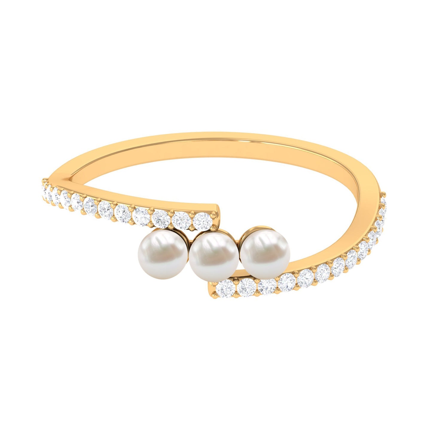 Natural Freshwater Pearl 3 Stone Engagement Ring with Diamond
