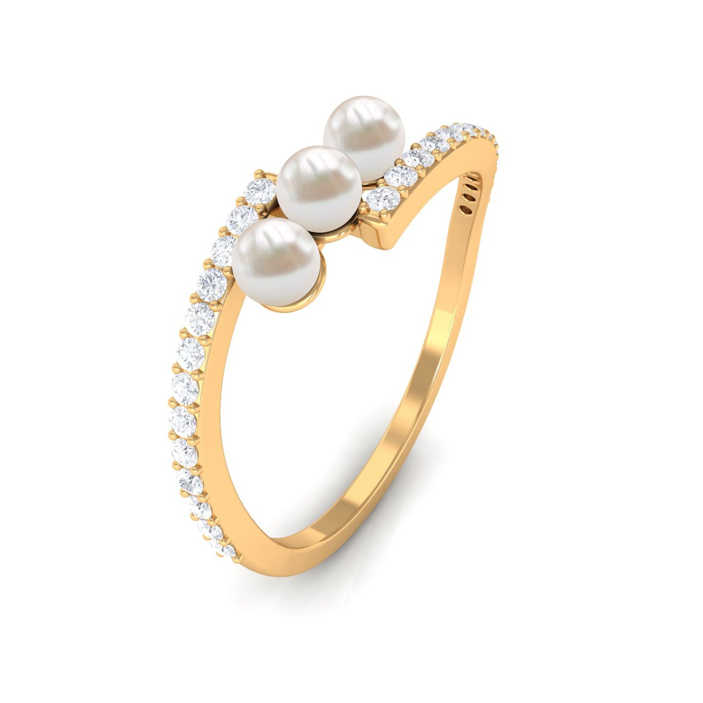 Natural Freshwater Pearl 3 Stone Engagement Ring with Diamond
