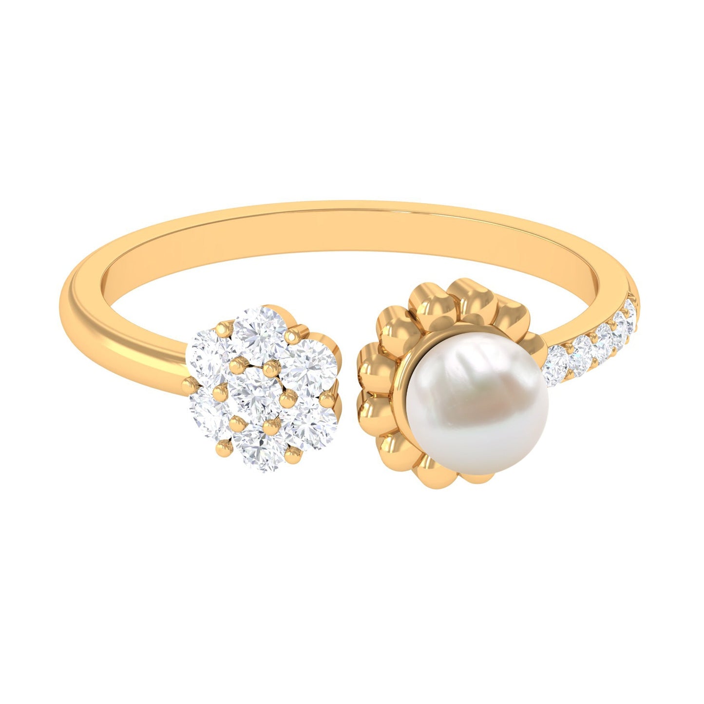 Natural 2 Carat Freshwater Pearl Diamond Flower Cuff Ring
