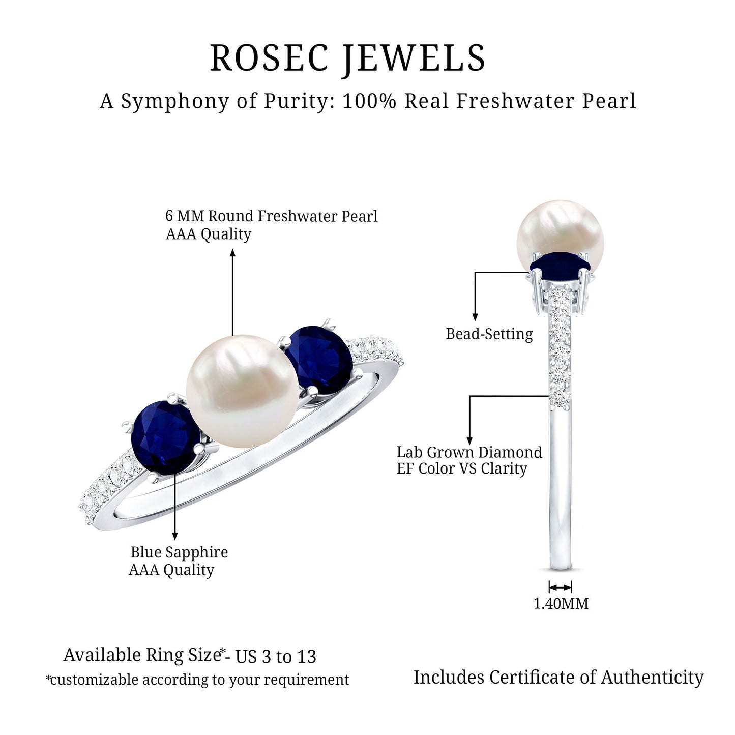 Natural Freshwater Pearl and Blue Sapphire 3 Stone Engagement Ring with Diamond