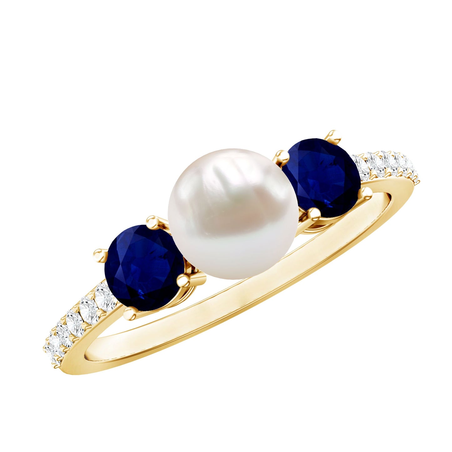 Natural Freshwater Pearl and Blue Sapphire 3 Stone Engagement Ring with Diamond