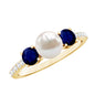 Natural Freshwater Pearl and Blue Sapphire 3 Stone Engagement Ring with Diamond