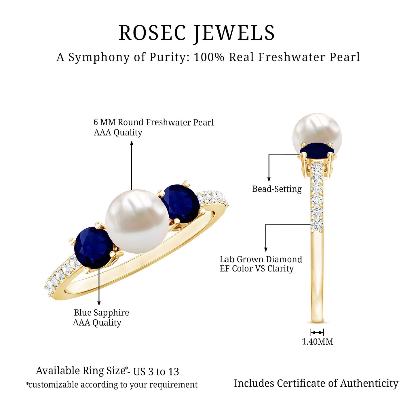 Natural Freshwater Pearl and Blue Sapphire 3 Stone Engagement Ring with Diamond